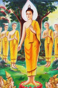 20151102, Vang Vieng, Laos: Schilderij dat het levensverhaal van Shakyamuni Boeddha uitbeeldt. De Boeddha wijdde zich aan het onderwijzen en trok honderden volgelingen aan
