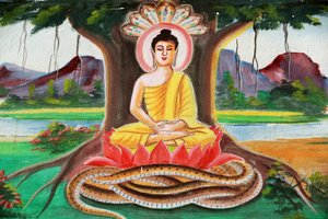 20151102, Vang Vieng, Laos: Schilderij dat het levensverhaal van Shakyamuni Boeddha uitbeeldt. Boeddha zittend in de meditatiehouding onder de Bodhiboom