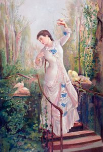 Een 19e-eeuwse vrouw in een tuin met tortelduiven, naar het schilderij La Tórtola Madre, door Ramon Marti y Alsina, uit 