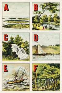 A B C D E F - Archipel, Bois de Boulogne, Waterval, Dijk, Rots, Fontainebleau Bos - Gravure uit Alphabet geographique, Guerin-Muller et Cie, Parijs door Unbekannt