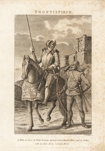 Man in harnas op een gebardeerd paard en een boogschutter in maliënkolder met zijn boog, pijlen en loden hamer