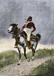 Een dappere Comanche, te paard reizend in de zuidelijke prairies (Texas, Oklahoma, VS), rond 1800. Lithografie