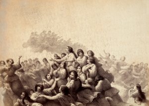 Een zwerm zielen vliegt door het firmament van het Paradijs. Illustratie van Canto III in Paradiso van De Goddelijke Komedie door Dante Alighieri. Werk van Francesco Scaramuzza gewijd aan de gemeente Florence.