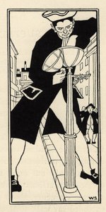 Een reus, gebracht door de baron van Munchausen van het Kaaseiland in Engeland, steekt de straatlantaarns aan zonder ladder. Illustratie door William Strang (1859-1921) en JB Clark uit 