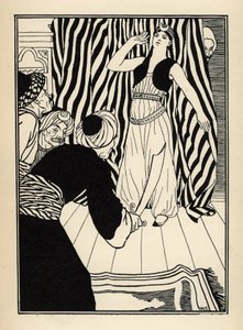 Een sultan verbergt de Baron van Munchausen. Illustratie door William Strang (1859-1921) en JB Clark uit “The Adventures of the Baron of Munchausen (Munchhausen) door Rudolf Erich Raspe (1736-1794) (1789)