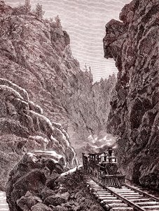 Een trein die de Colorado-bergen doorkruist. V.S.A. in 1886 (gravure) door Unbekannter Künstler