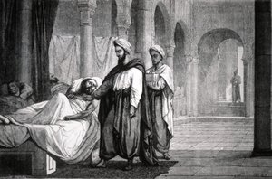 Abulcasis (936-1013) arts van kalief Al-Hakam II, in ziekenhuis van Cordoba (Spanje) (gravure)