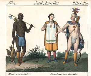 Acadiaanse man met getatoeëerd lichaam en een paar inheemse Canadese Indianen. Lithografie voor het boek: “Galerie complete en tableaux fideles des peuples d