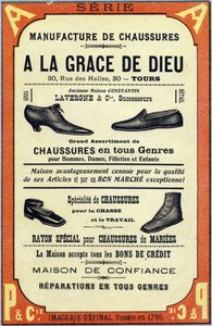Reclame voor de Schoenenfabriek "A la grace de dieu" in Tours. Gravure in "ABC De Beelden in Alfabet". Epinal beeldvorming. Pellerin en Cie, drukker-uitgever, Epinal, eind 19e eeuw, circa 1890. door Unbekannt