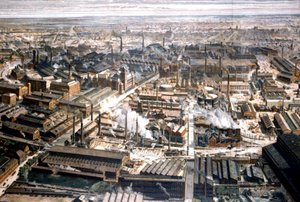 Luchtfoto van de Krupp-fabriek in Essen, ca. 1920 (gravure) door Unbekannter Künstler