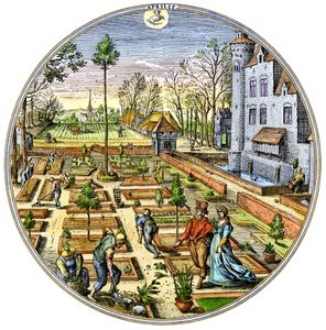 Landbouw: Tuinieren in een Europese groentetuin aan het begin van de lente rond 1590. Kleurgravure uit de 16e eeuw