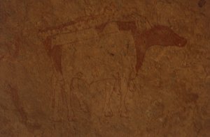Algerije, Sahara woestijn, Tassili-n-Ajjer Nationaal Park, site van Sefar, rotsschildering die een stier afbeeldt