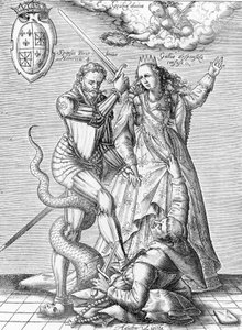 Allegorie van de dood van de Katholieke Liga voorgesteld als een monnik met het lichaam van een slang gedood door koning van Frankrijk Hendrik IV en Frankrijk. Eind 19e eeuw (gravure uit "Museum-Criminal" door Henri Varennes en Edgar Troimaux)