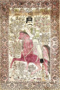Een antiek zijden Kashan "mochtasham" picturaal tapijt, met de gemonteerde figuur van Naser al-Din Shah