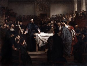 Anatomische les. Andre Vesale (1514-1564), Vlaamse anatoom (Andrea Vesalius of Andries Van Wesel) in Padua (Padova), Italië door Unbekannter Künstler
