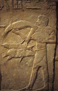 Oud Egypte: Saqqarah (of Saqqara of Sakkarah): necropolis van het Oude Rijk, graf van edele. Detail van reliëfs die een visser voorstellen door Leopold Blonder