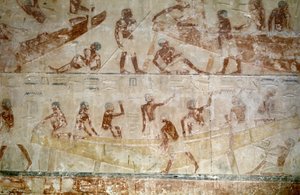 Oud Egypte: Saqqarah: necropolis van het Oude Rijk, graf van een edele. (detail) van de reliëfs die de bouw van een boot voorstellen door Leopold Blonder