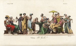 Oude Griekse vrouwen bij hun toilet: haar wassen in een fontein, kleding passen, haar doen, een ketting bewonderen, enz. Handgekleurde kopergravure door Sasso naar een schilderij van Pelagio Palagi uit Giulio Ferrario