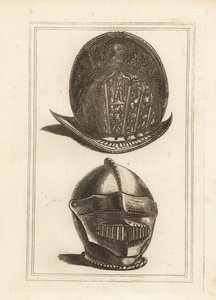 Oude Venetiaanse morionhelm versierd met militaire trofeeën, en een burgonethelm met geïntegreerd vizier en kinbeschermer uit de Tower of London