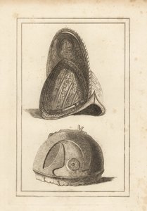 Oude Venetiaanse morionhelm versierd met militaire trofeeën, en een oude Romeinse helm gevonden in Cannae