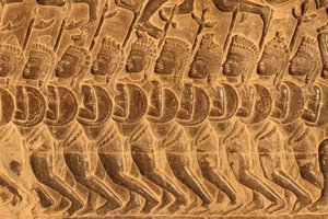Angkor Wat. Detail van reliëfsculptuur van de Slag bij Kurukshetra, Siem Reap, Cambodja
