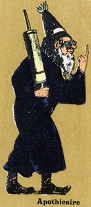 Apotheker met een klysma. Geïllustreerd alfabet. Beeldvorming herenigd in Jarville-Nancy, begin 20e eeuw. Lithografie op een bistre achtergrond