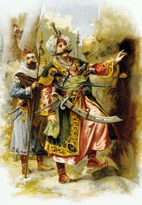 Arabische Nachten: Ali Baba en de Veertig Rovers: de leider van de rovers zegt "Sesam open", advertentie voor "Le Bon Marche" ca. 1900