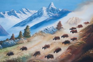Kunst; schilderij van een kudde jakken onder de Ama Dablam-berg; landelijk leven; galerie in Kathmandu; Nepal; Azië