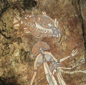 Australië, Northern Territory, Arnhem Land, Kakadu National Park, Nourlangie Rock, Aboriginal rotsschilderingen