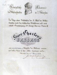 Babbage Ere-diploma toegekend aan Charles Babbage door Unbekannt