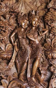 Balinese houtsnijwerk te koop, Ubud, Bali, Indonesië