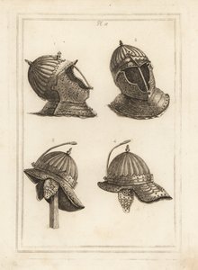 Barhelm 1,2, en de helm van de Hertog van Monmouth met een veer om een pluim te ondersteunen