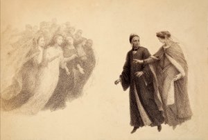 Beatrice, in het firmament van het Paradijs, wijst Dante op een groep zielen. Illustratie van Canto III van Paradiso van De Goddelijke Komedie van Dante Alighieri. Werk van Francesco Scaramuzza opgedragen aan de gemeente Florence.