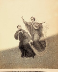 Beatrice, wijzend naar boven met haar wijsvinger, leidt Dante door het firmament van Paradiso. Hun lichamen worden verlicht door een lichtstraal. Illustratie van Canto I van Paradiso van De Goddelijke Komedie van Dante Alighieri. Werk van Francesco Scaramu