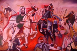 Bektachi (Bektashi) tekke in Gjakove, Kosovo. Schilderij dat de slag bij Kerbala uitbeeldt. door Unbekannt