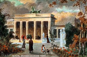 Berlijn - Brandenburger Tor. Uitzicht op de Brandenburger Poort, met bloemen en voorbijgangers, eind 19e/begin 20e eeuw