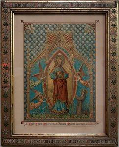 Bevere. Parochiekerk (Sint-Pietersbanden). Interieur. Devotie gekleurde prent. S Lucas school Gent, Eigendom 1875, W Z Dreyt Brugge. Neogotisch. door Unbekannt