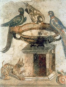 Vogels en een loerende kat, uit Pompeii