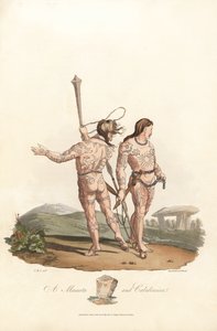 Britse antiquiteit (pre-Romeinse periode, voor 1e eeuw): Catini en Caledonische inwoners (Schotland) van de noordelijke vlaktes en bossen van Groot-Brittannië, met tatoeages bedekt - Kleurengraveerwerk door Robert Havell (1793-1878) naar een illustratie do door Unbekannter Künstler