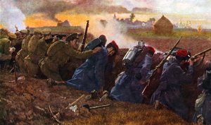 Britse troepen vechten met de Fransen om de eerste Duitse aanval te stoppen, herfst 1914 door Unbekannter Künstler