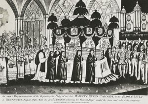 Begrafenis van het lichaam van koningin Caroline in de familiegrafkelder in de kathedraal van Brunswick