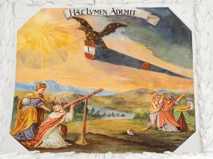 Plafondfresco in de zijbeuk van de Sint-Catharinakerk, allegorische voorstellingen van de overwinningen van keizer Leopold I op de Ottomanen, Mausoleum van de Habsburgers, Graz, Stiermarken, Oostenrijk, Europa