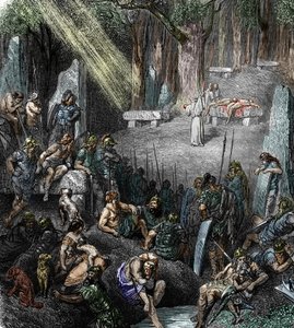 Keltische antiquiteit: Menselijk offer tijdens een ceremonie voorgezeten door een druïde in aanwezigheid van families en krijgers in een bos (gravure)