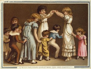 Kinderen die Oranges and Lemons spelen, Victoriaanse kerst- en nieuwjaarskaart door Unbekannter Künstler