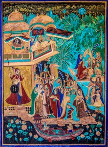 Chittra Shala binnenplaats met virtuoze fijne schilderijen, Taragarh Fort, Bundi, Rajasthan, India