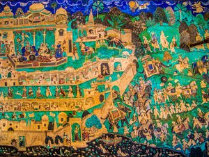 Chittra Shala binnenplaats met virtuoze fijne schilderijen, Taragarh Fort, Bundi, Rajasthan, India, Azië