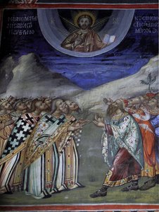 Christus in glorie die de tijdelijke en spirituele krachten beheerst Byzantijnse fresco uit het Agios Ioannis Lampadistis klooster, Sint-Johannes Lampadistis 11e eeuw Cyprus Geschilderde kerken UNESCO-site Troodos, Cyprus