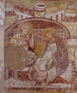 Kerk (Église Saint-Martin). Interieur. Muurschilderingen (fresco). Noordmuur van het koor. (detail) voetwassing. 12e eeuw. door Unbekannt