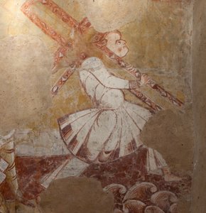 Kerk (Église Saint-Martin). Interieur. Muurschilderingen (fresco). Noordmuur van het koor. (detail) Simon van Cyrene draagt het kruis. 12e eeuw.