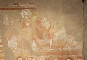 Kerk (Église Saint-Martin). Interieur. Muurschilderingen (fresco). Westmuur van het schip. Detail. Apostelen. 12e eeuw